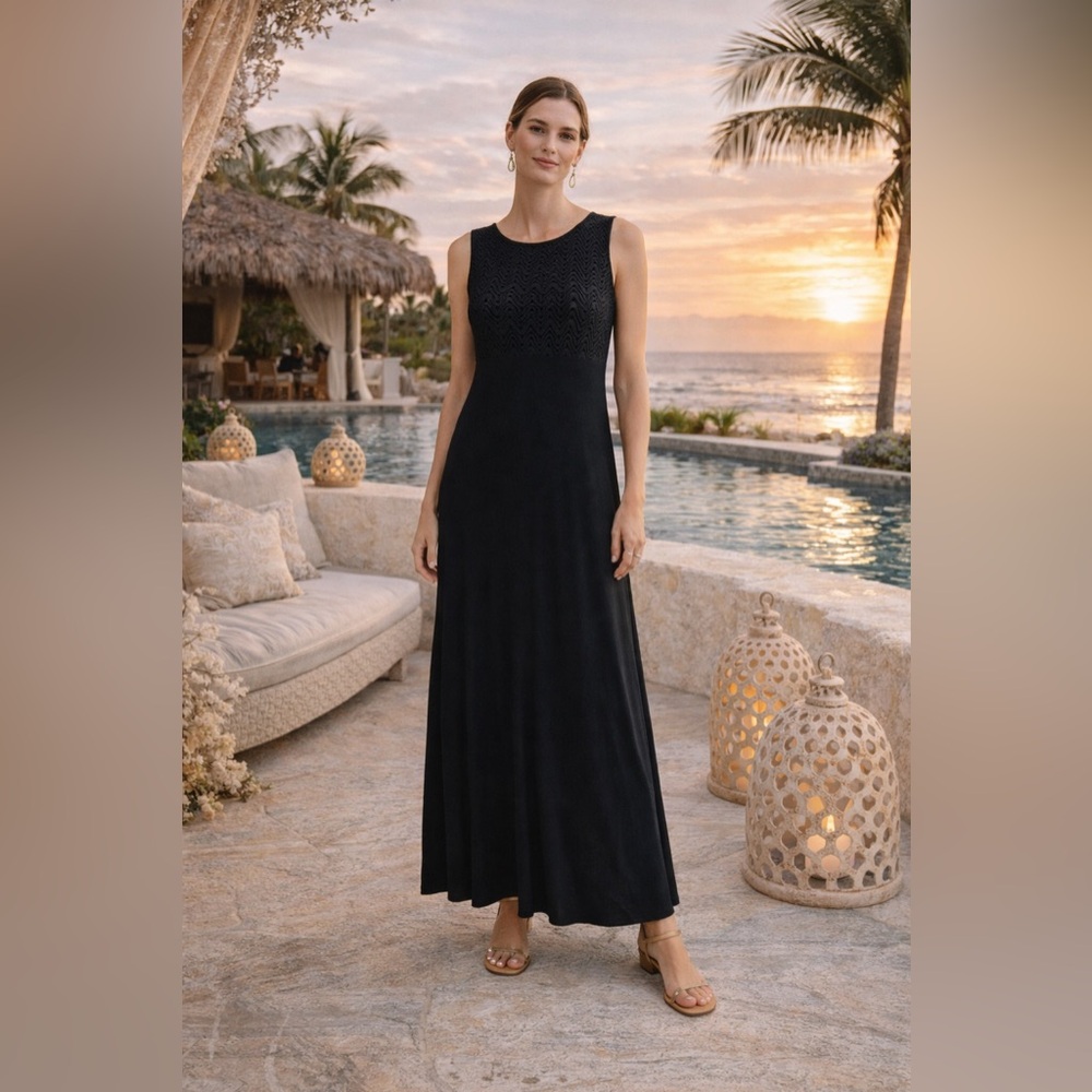 Chico’s Travelers Black Crochet Maxi Dress Size 1 Medium Sleeveless Knit Elegant